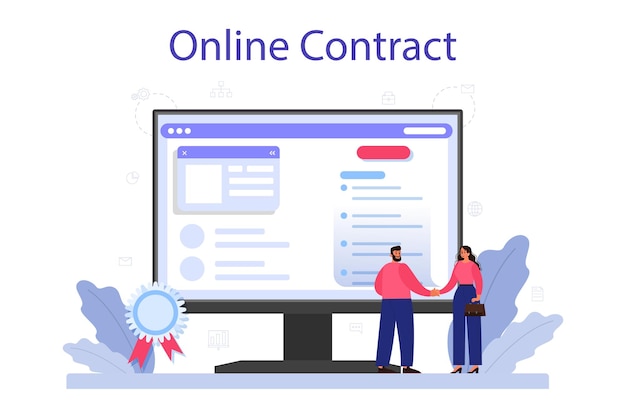 business consolidation online service or platform office characters working together in collaboration online contract flat vector illustration