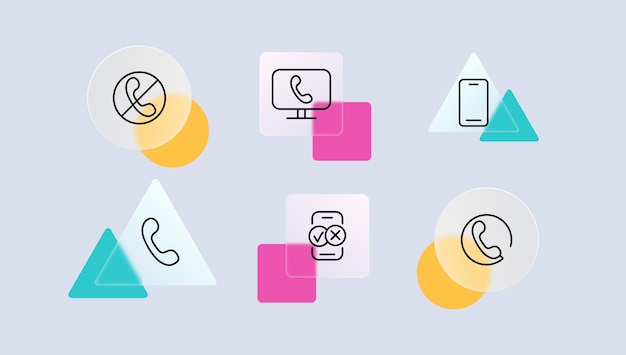 Business contacts set icon Crossed out landline phone computer monitor cross checkmark accept decline circle around the clock Means of communication concept Glassmorphism Vector line icon