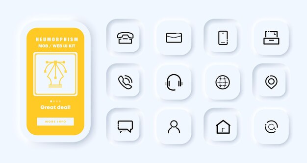 Значок набора деловых контактов стационарный телефон факс гарнитура планета карта указатель консультация сотрудник дом электронная почта концепция работы неоморфизм пользовательский интерфейс экраны приложений телефона значок векторной линии для рекламы