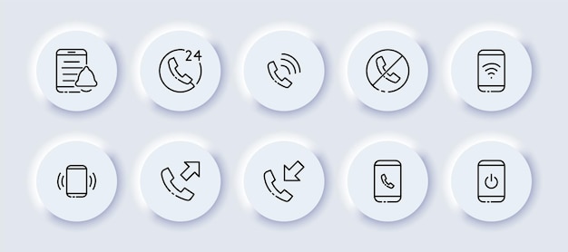 Vector business contacts set icon phone notification message bell 24 7 strikethrough phone wifi outgoing call incoming power button communication concept neomorphism style vector line icon