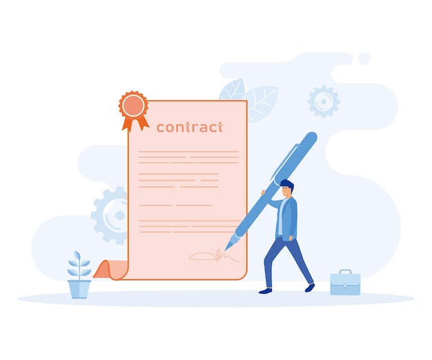 Business contract concept character signing legal document reading contract terms and conditions