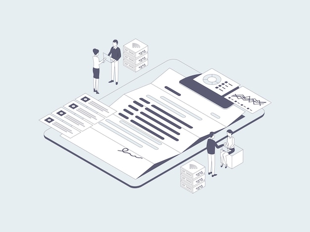 Business contract isometric illustration lineal grey. suitable for mobile app, website, banner, diagrams, infographics, and other graphic assets.