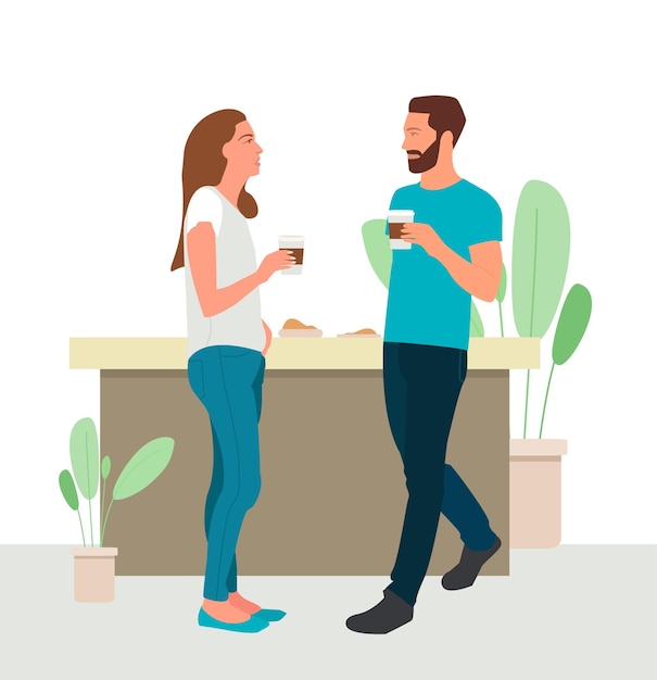 Иллюстрация делового разговора Мужчина и женщина-офисный работник пьют кофе на вынос