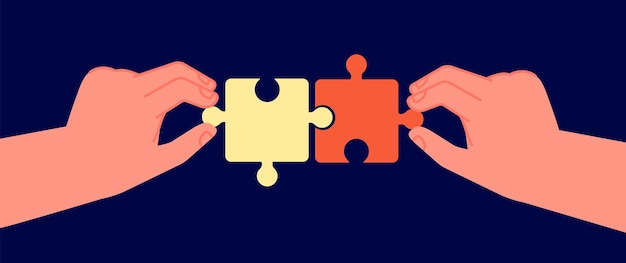 Business cooperation concept symbol connecting puzzle pieces in two hands partnership collaboration teams businessman partners utter vector metaphor