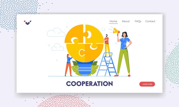 Business Cooperation Landing Page Template Idea Development Brainstorm Concept Tiny Business People Team Collect Huge Light Bulb Jigsaw Puzzle Team Community Cartoon Vector Illustration