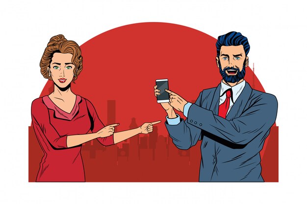 Business couple holding cellphone