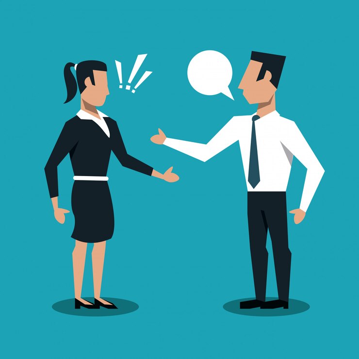 वेक्टर business couple talking about deals 