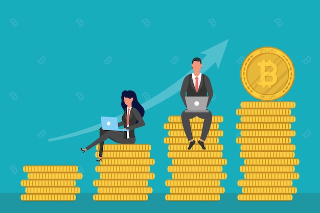 Business couple using laptops seated in bitcoins  illustration 