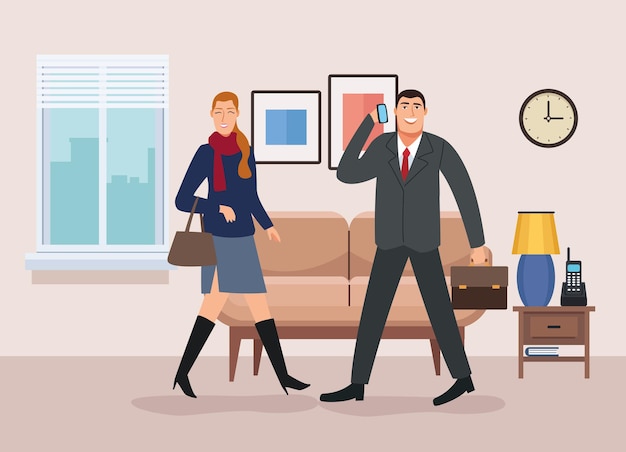 Business couple walking in the livingroom back to office illustration