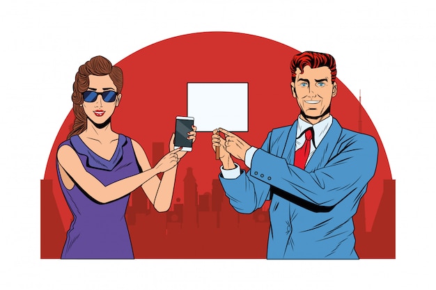 Business couple with cellphone and signboard