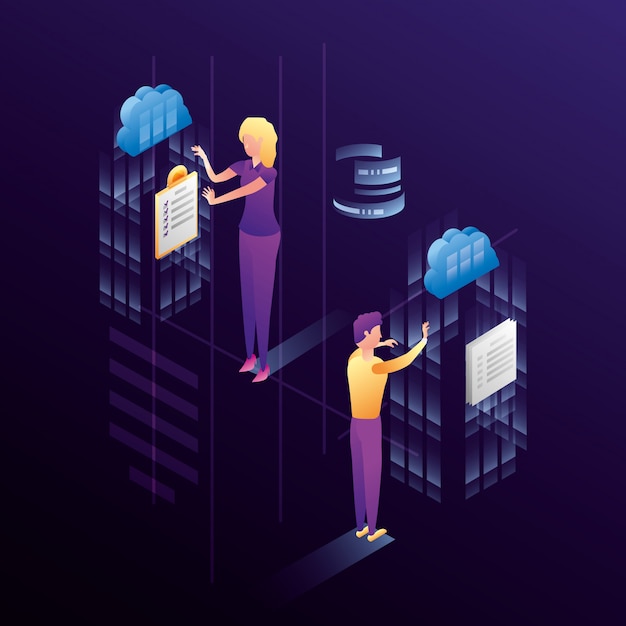 Vector business couple with data center network icons