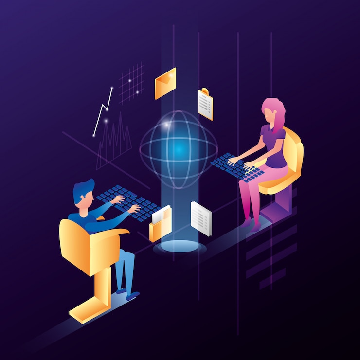 Vector business couple with data center network icons