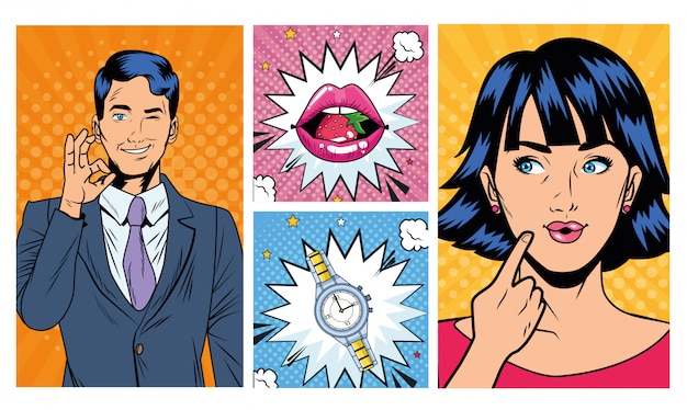 Vector business couple with lips and watch pop art style