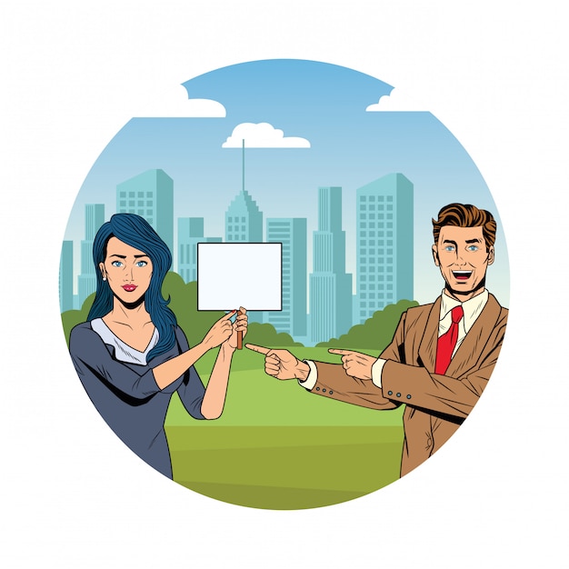 Business couple with signboard round icon