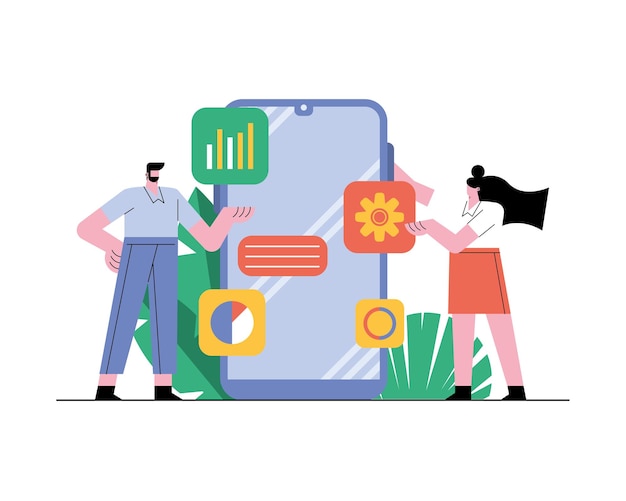 Business couple with smartphone technology icons  illustration 