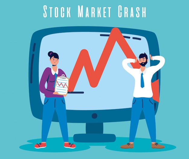 Business couple with stock market crash icons