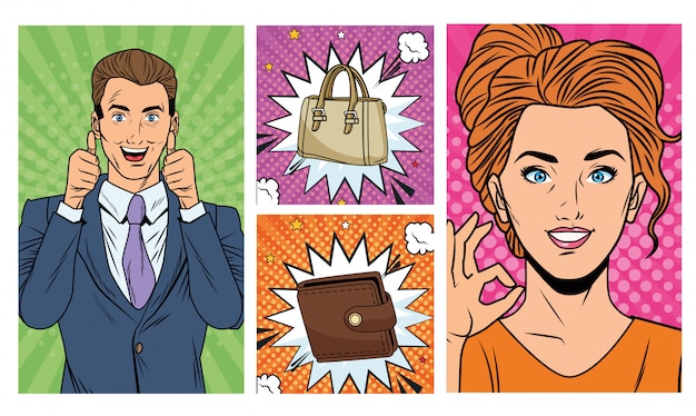 Business couple with wallet and handbag pop art style