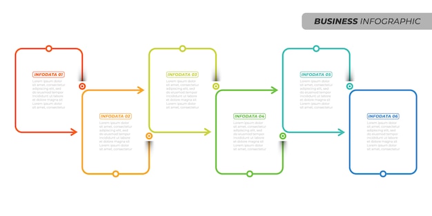 Business creative design linear infographic template. Timeline process with 6 options, arrows, boxs. Vector illustration