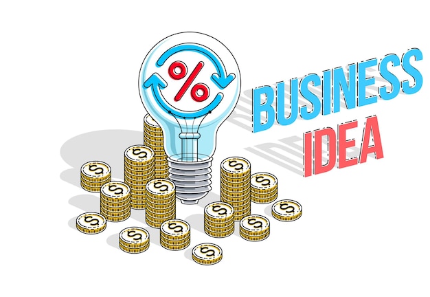 business creative idea concept, light bulb with cash money stack and coins piles. 3d vector business and finance design, isometric thin line illustration.