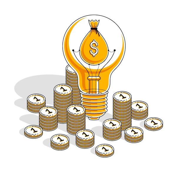 Концепция бизнес-творческой идеи, лампочка со стопкой наличных денег и грудами монет. Трехмерный векторный бизнес и финансовый дизайн, изометрическая тонкая линия иллюстрации.