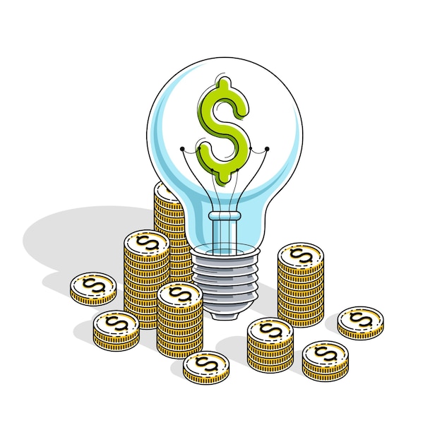 Business creative idea concept, light bulb with cash money stack and coins piles. 3d vector business and finance design, isometric thin line illustration.