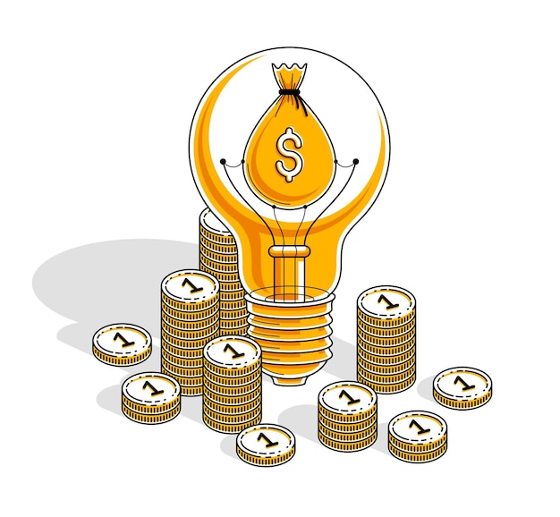 Business creative idea concept, light bulb with cash money stack and coins piles. 3d vector business and finance design, isometric thin line illustration.