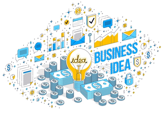 business creative idea concept, light bulb with cash money stack and coins piles. 3d vector business isometric illustration with icons, stats charts and design elements.