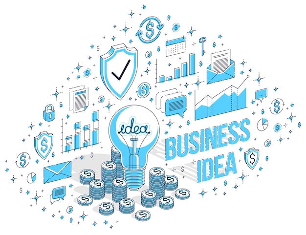 business creative idea concept, light bulb with cash money stack and coins piles. 3d vector business isometric illustration with icons, stats charts and design elements.