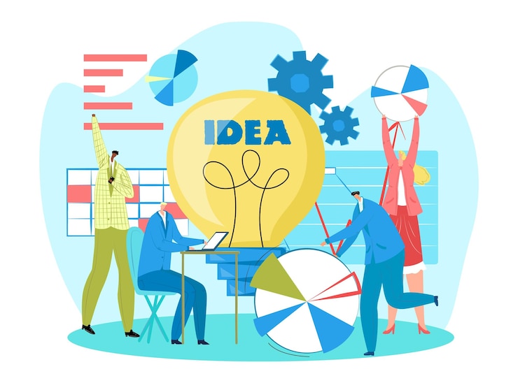 Vector business creative teamwork vector illustration group people in office discuss project plan analyze idea success joint brainstorming