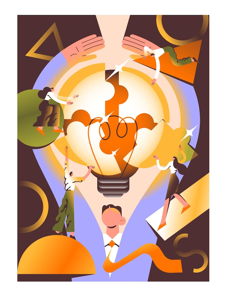 Vector business creative work on the creation of an idea and its implementation