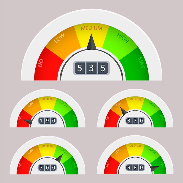 Vector business credit score indicators and gauges  set. customer satisfaction indicators with poor and good levels.