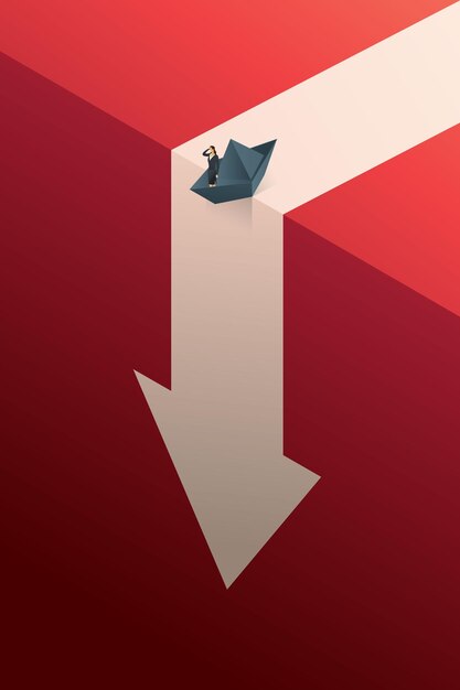 Business crisis situation run out of ways to solve problems.
businesswoman on a paper boat on the arrowhead path is about to fall off a cliff. economic and financial crisis. isometric vector image.