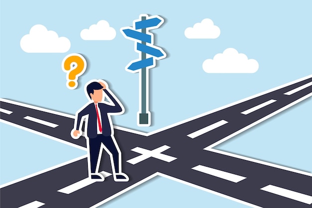 Business crossroads finding solution or direction for success confusion next challenge opportunity