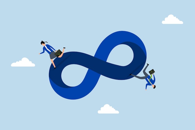 Business cycle Male and female business professionals running on an endless infinity loop