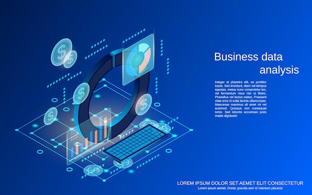 Vector business data analysis information processing flat 3d isometric vector concept illustration