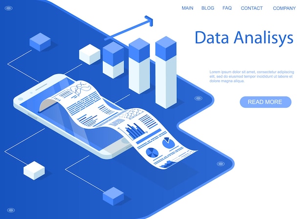 Analisi dei dati aziendali in linea. statistiche e documenti aziendali in smartphone. banner web blu monocromatico. illustrazione vettoriale.