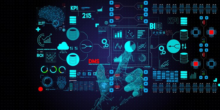 Vector business data analytics process management with businessman hand touching connected gear cogs kpi