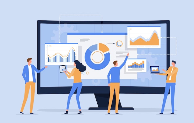business data analytics research and data scientist team working concept