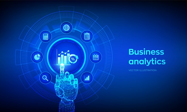 Business data analytics and robotic process automation concept on virtual screen. robotic hand touching digital interface.