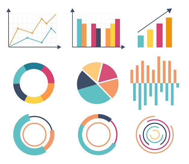 Business data market elements dot bar pie charts diagrams and graphs flat icons set isolated vector illustration.