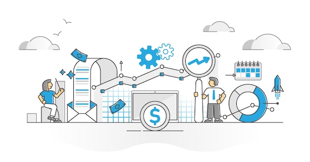 Vector business data research as company finance analysis outline monocolor concept. professional report from accounting about money flow, profit and earnings documents and statistics vector illustration.