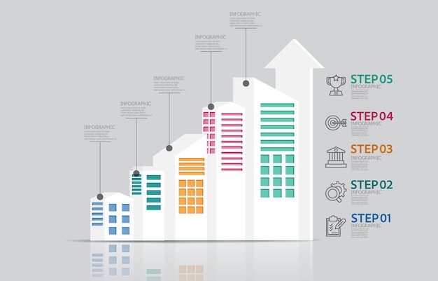 Vettore passaggi di business data elemento infografico modello di layout di rapporto con icona di linea di business 5 passaggi