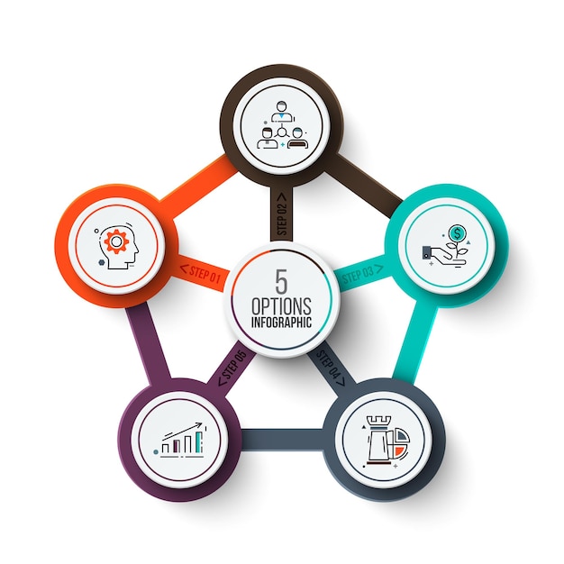 Visualizzazione dei dati aziendali. elementi astratti del diagramma del ciclo con 5 passaggi, opzioni, parti o processi. modello di affari di vettore per la presentazione. concept creativo per infografica. diagramma di processo.