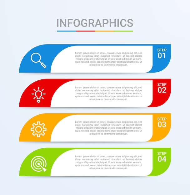 Visualizzazione dei dati aziendali, modello di infografica con 4 passaggi su sfondi blu