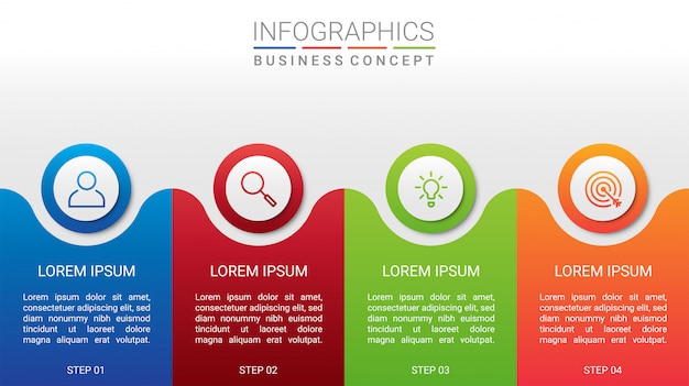 ビジネスデータの可視化、灰色の背景、イラストに4つのステップを持つインフォグラフィックテンプレート
