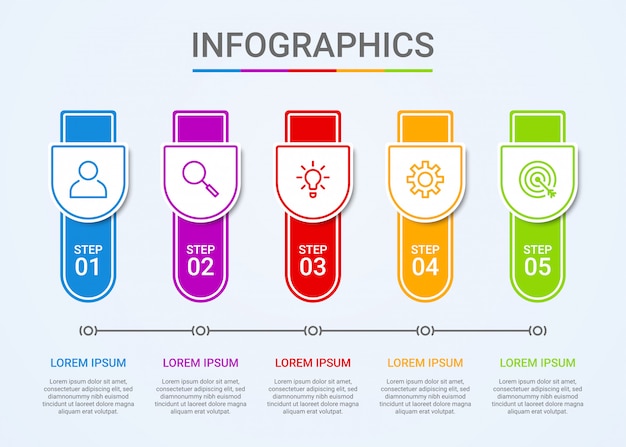 ビジネスデータの可視化、ブルーの5つのステップを持つインフォグラフィックテンプレート