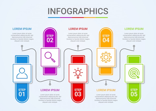 Business data visualization, infographic template with 5 steps on blue