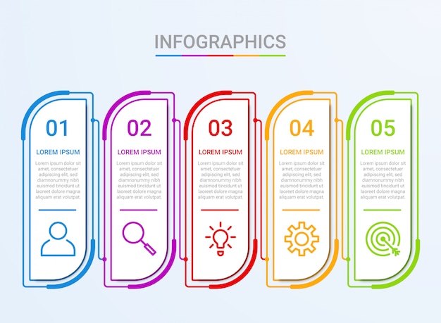 ビジネスデータの可視化、青色の背景に5つのステップを持つインフォグラフィックテンプレート