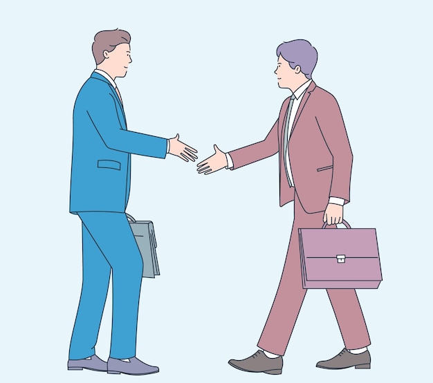 商取引契約は協力管理の新しい仕事の概念をサポートします。二人の男実業家サラリーマンキャラクター握手。フラットなイラスト。