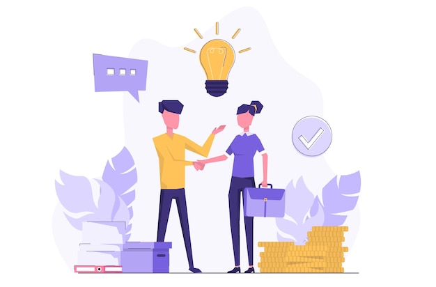 Vector business deal. a man and a woman shaking hands. a light bulb shines above them
